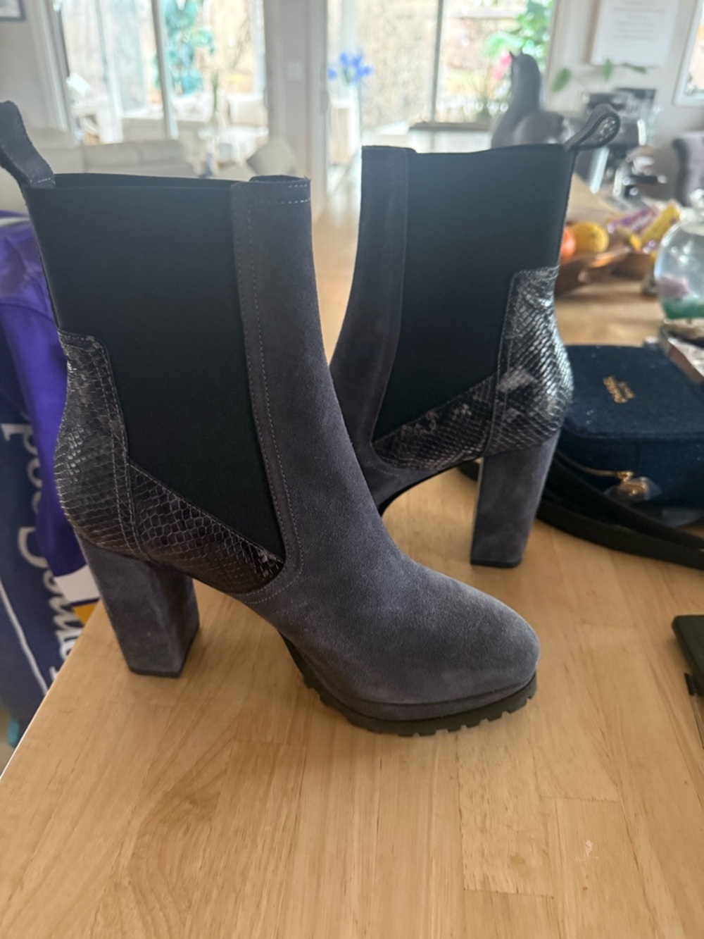 All Saints Gray Suede Block Heel Chelsea Boots with Textured Heel
